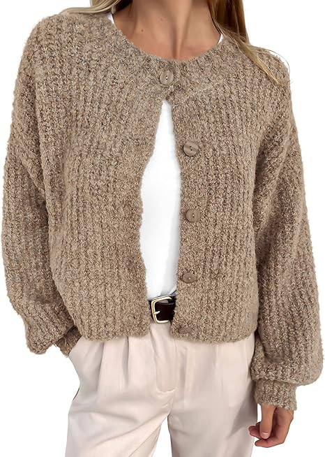 Women's Chunky Knit Fall Cardigan 2025 Winter Long Sleeve Button Down Soft Loose Cropped Sweater Outwear