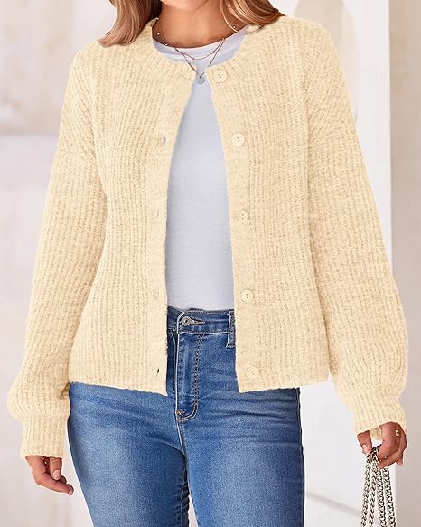 Women's Chunky Knit Fall Cardigan 2025 Winter Long Sleeve Button Down Soft Loose Cropped Sweater Outwear