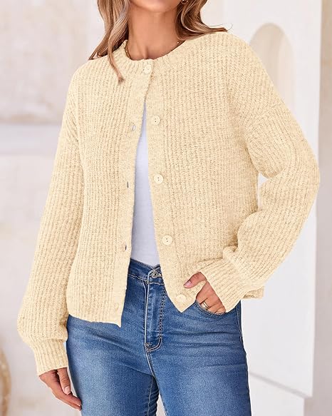 Women's Chunky Knit Fall Cardigan 2025 Winter Long Sleeve Button Down Soft Loose Cropped Sweater Outwear