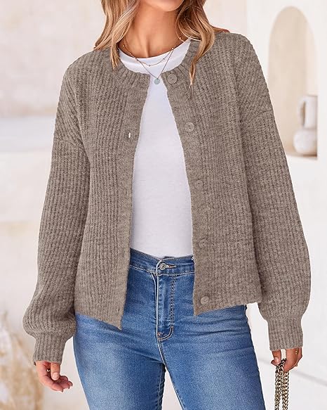 Women's Chunky Knit Fall Cardigan 2025 Winter Long Sleeve Button Down Soft Loose Cropped Sweater Outwear