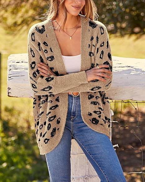 Leopard Cardigan for Women Long Sleeve Open Front Cardigans Sweaters Pockets Loose Knit 2025 Fall Winter Outwear